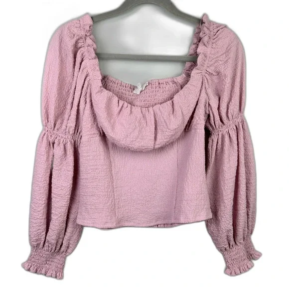 ASTR the Label Lilac Pink Puff Long Sleeve Ruched Bust Top Smocked Blouse sz M - Picture 3 of 13